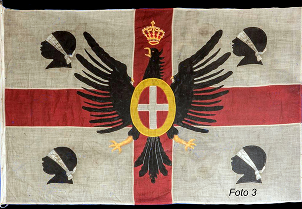 BANDIERA MARITTIMA ISTITUITA DA VITTORIO EMANUELE I NEL 1802 QUANDO IL REGNO ERA LIMITATO ALLA SOLA SARDEGNA E ABOLITA NEL DICEMBRE 1814 DOPO IL RITORNO DEL RE A TORINO